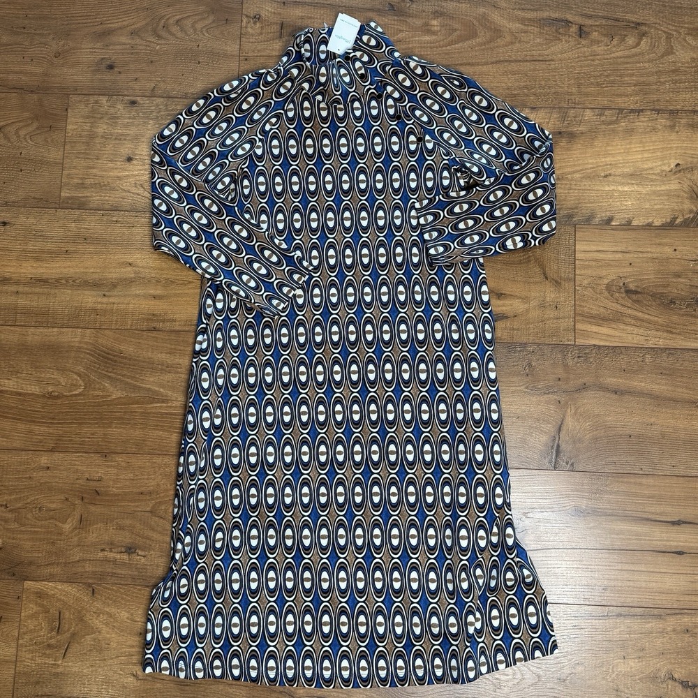 NWT  J. MCLAUGHLIN Christabel Shift Dress Brown Blue Circles 3 Quarter Sleeve XS